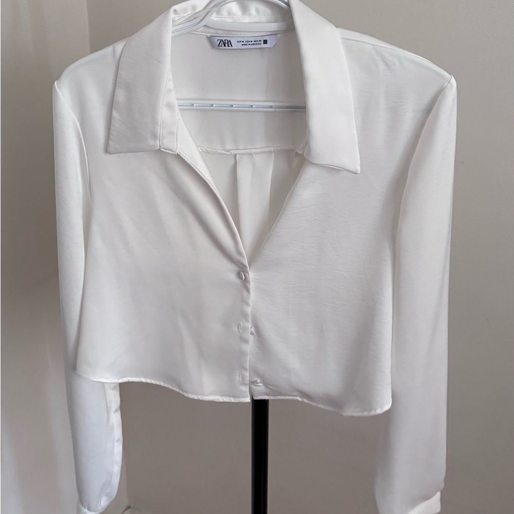 Zara Women's White Satin cropped Button-Up Top